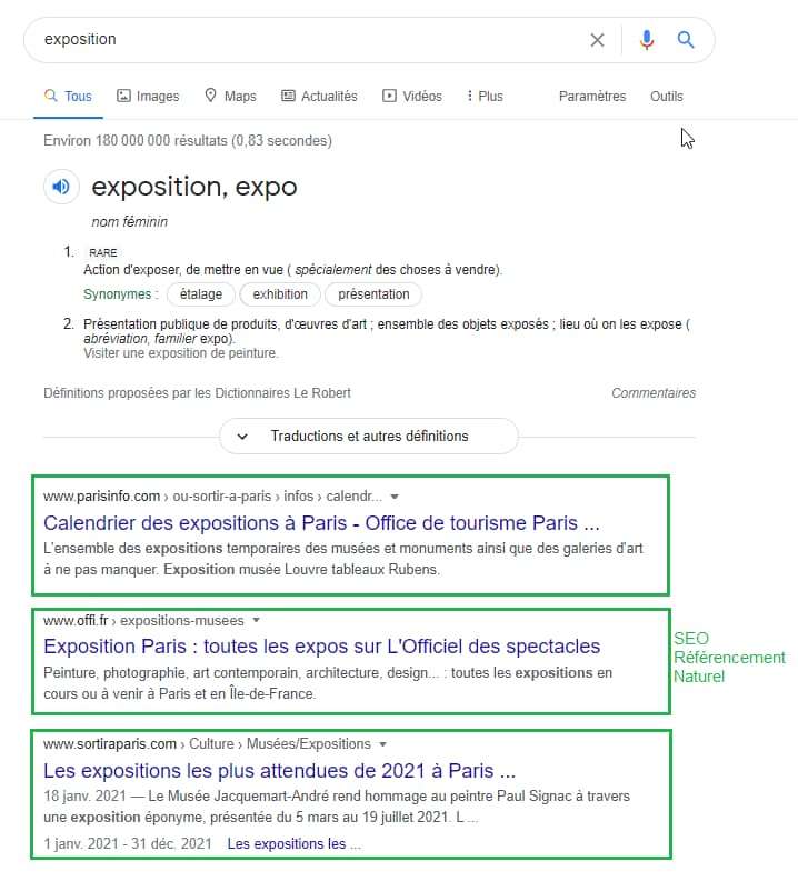 Résultat SEO et SEA de la requête "Exposition" dans Google 